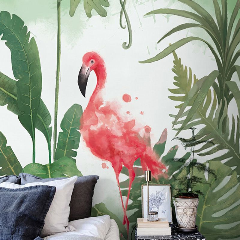 Illustration Style Flamingo Mural Wallpaper Full Size Wall Art for Guest Room, Customized Size Available