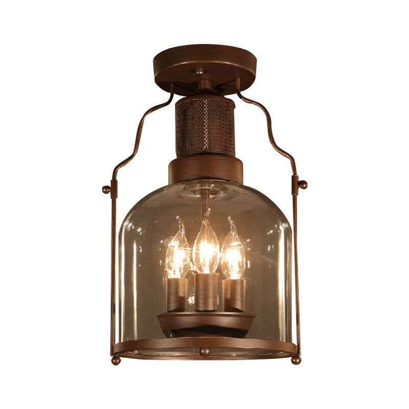 3-Light Ceiling Light Fixture with Dome Shade Clear Glass Rustic Living Room Semi Flush in Rust
