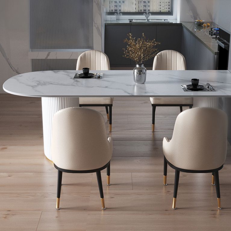 Eigentijdse thuis gesinterde stenen eettafel vrijformaat vormtafel met dubbele voetstukbasis