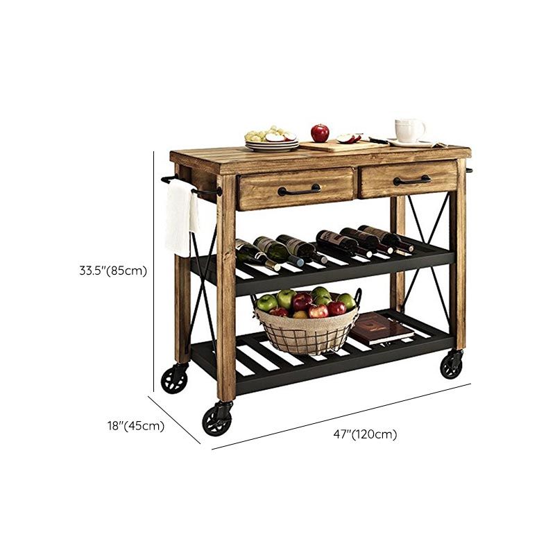 Pine Wood Kitchen Trolley Solid Wood Rolling Kitchen Island with Towel Rack