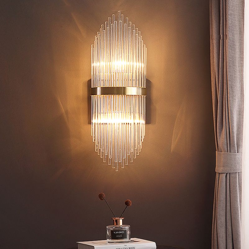 3 Lights Bedroom Wall Light Sconce Modern Brass Sconce Light with Cylinder Fluted Glass Shade, 7/9.5" Wide