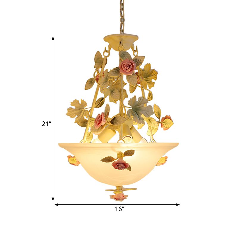3-Light Inverted Hat Shade Chandelier American Flower Green Opaline Glass Ceiling Pendant Lamp