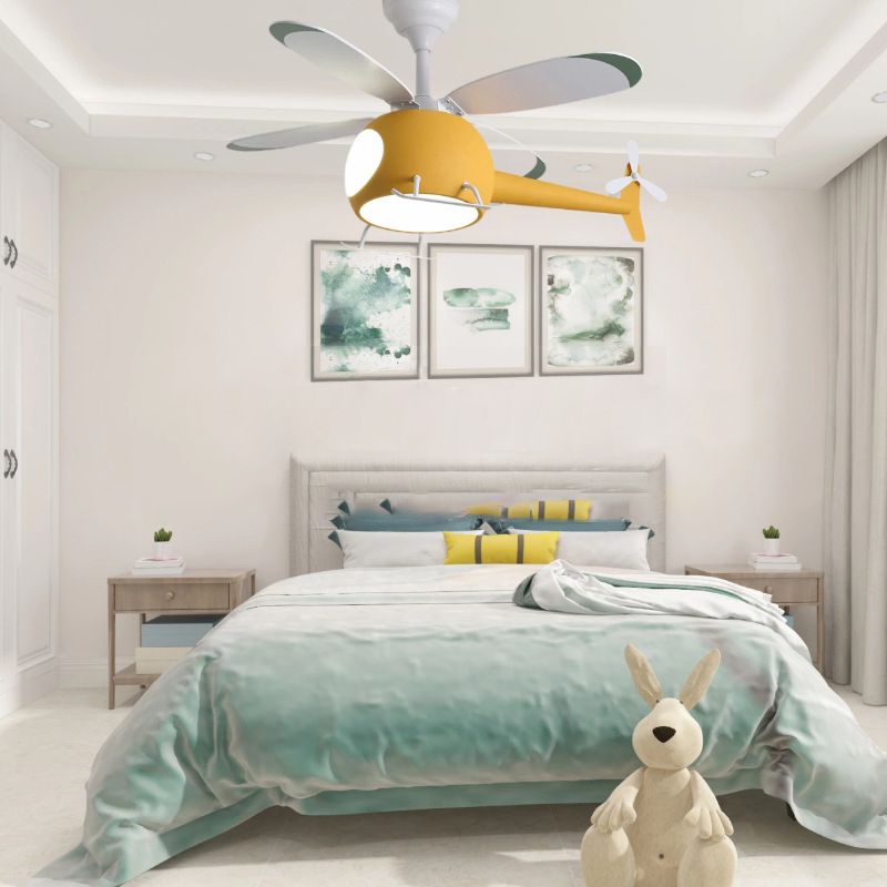 Kids Creative LED Fan Light Wrought Iron Airplane Hanging Lamp with Acrylic Shade