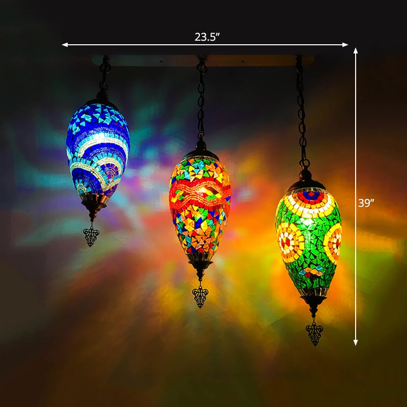 Stained Glass Waterdrop Cluster Pendant Traditional 3 Heads Bedroom Hanging Ceiling Light in Blue/Green/Red and Blue