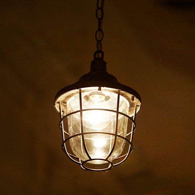 Caged Clear Glass Small Pendant Factory Style 1 Bulb Hanging Light for Restaurant
