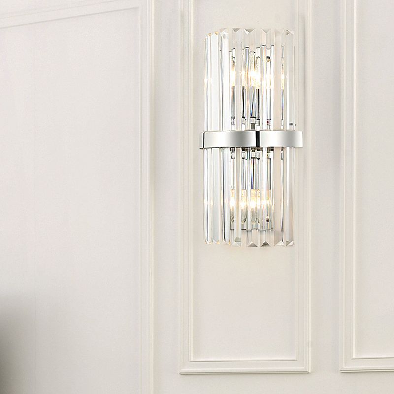 Contemporary Style Cylinder Wall Sconce Fixture Clear Crystal 2 Lights Bedroom Wall Lighting in Chrome