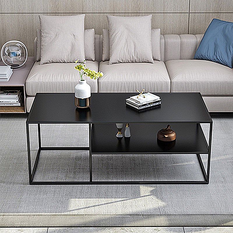 Black Finish Metal Rectangular Coffee Cocktail Table with Storage Shelf