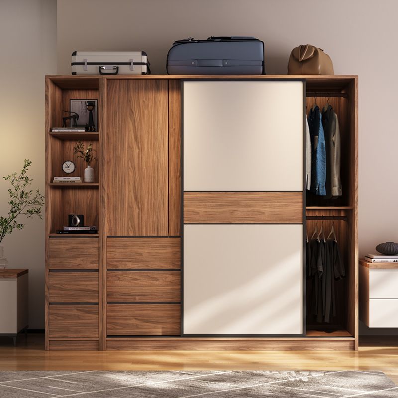 Modern Freestanding Wardrobe Brown Wood Wardrobe Armoire with Drawers