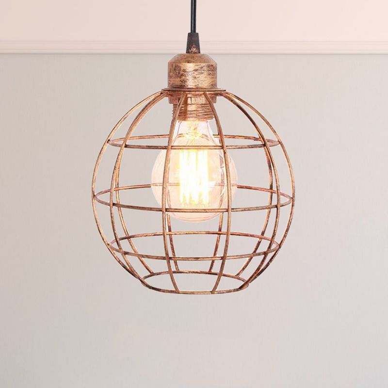 Retro Style Globe Ceiling Lamp 1 Head Metal Hanging Light Fixture with Wire Frame in Black/Copper