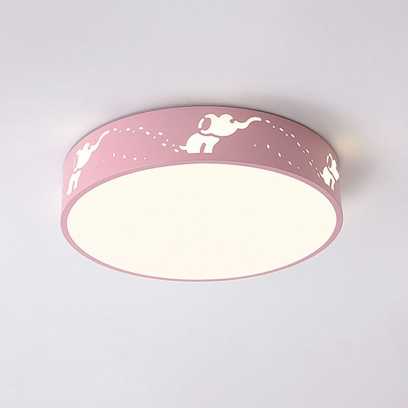 LED Bedroom Flush Mount Ceiling Fixture Kids Pink/White/Blue Flush Light with Cutouts Moon-Star/Cube/Elephant Iron Shade