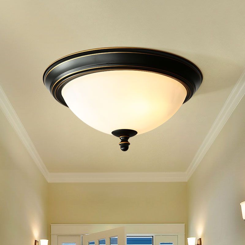Black Bowl Ceiling Light in Traditional Classic Style Wrought Iron Flush Mount with Glass Shade