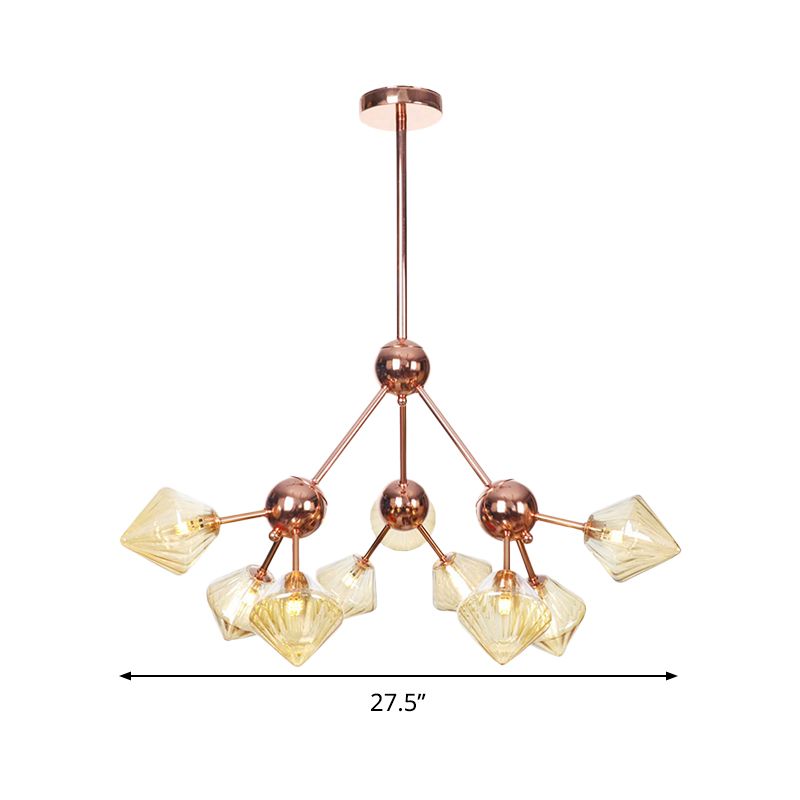 Amber Glass Diamond Hanging Chandelier Modernism 9 Bulbs Rose Gold Pendant Light Fixture