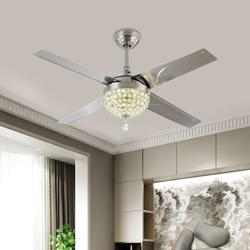 Klarer kristallverkruste Nickel halb Flush Schüssel LED zeitgenössische Hängelüfter Licht mit 4 Klingen, 52 "breit