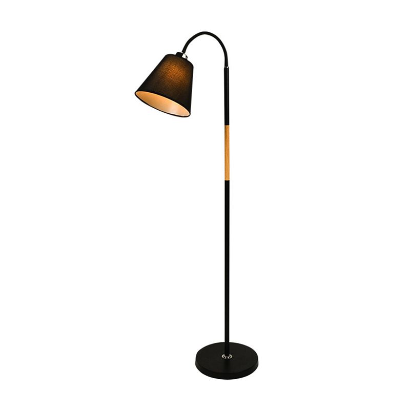Nordic Single Floor Lamp Black/White and Wood Gooseneck Standing Light with Cone Fabric Shade