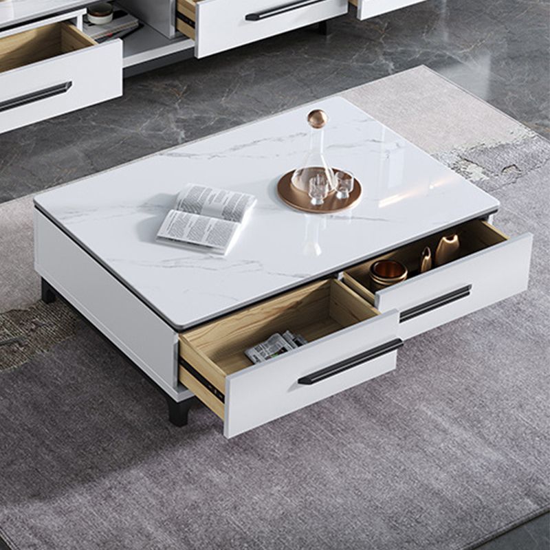 Stone Top Coffee Table with 4 Wooden Legs and 2 Drawers Cocktail Table