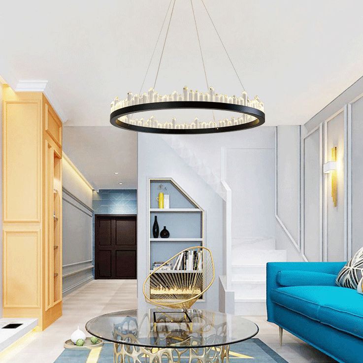 Postmodern Simplicity Circular Ceiling Chandelier Crystal Hanging Light with Hanging Cord for Living Room
