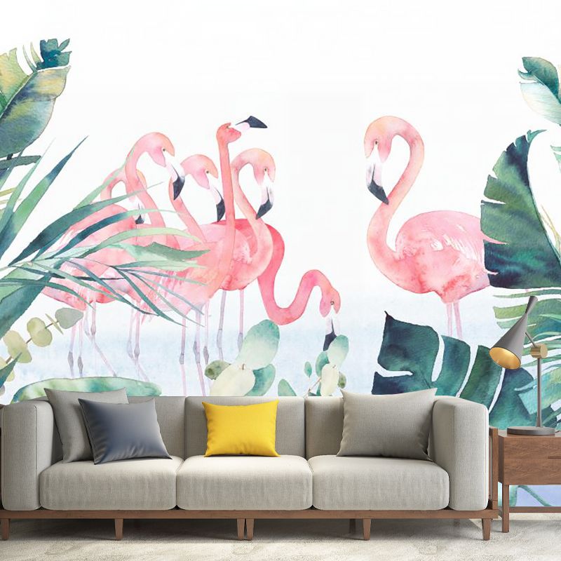 Pink-Green Tropical Wall Murals Full Size Flamingo and Leaves Painting Wall Art for Home
