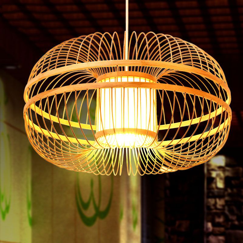 Bamboo Lantern Shade Suspension Lamp Modern Single Light Ceiling Pendant in Wood