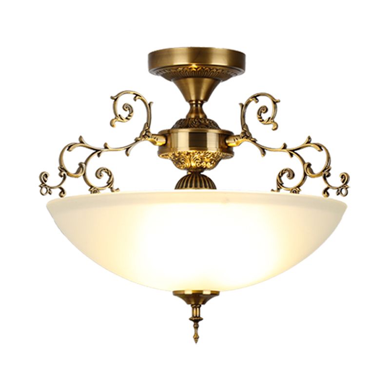 3 Lights Wide Bowl Semi Flush Mount Traditional Gold Frosted Glass Close to Ceiling Lamp with Swirling Arm, 13"/17" Wide