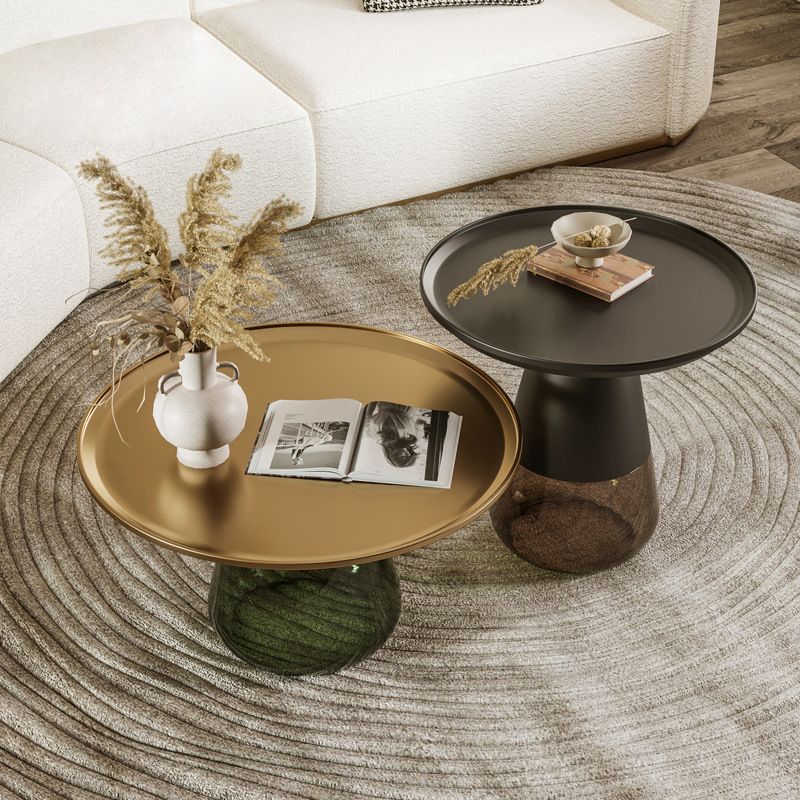 Round Metal Tray Top Coffee Table Glass Pedestal Cocktail Table