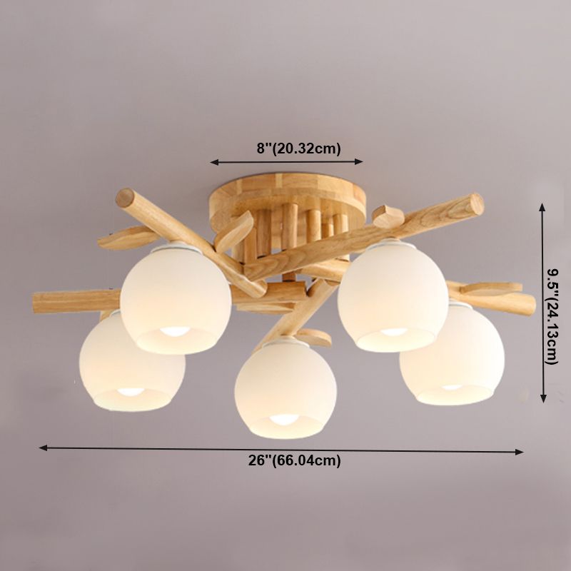 Log Color Indoor Ceiling Fixture in Modern Concise Style Wooden Globe Ceiling Light with Glass Shade