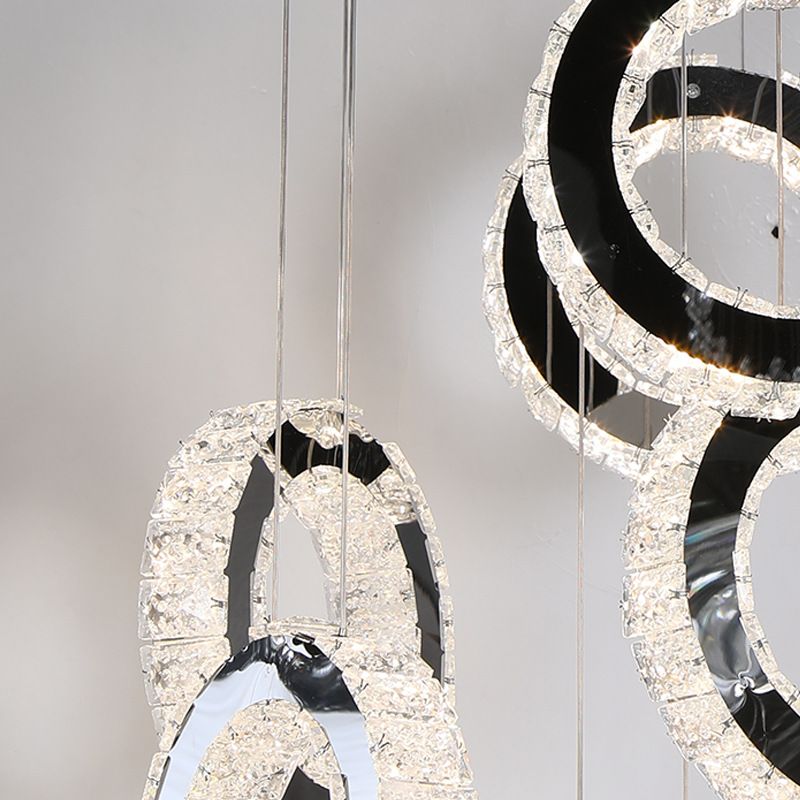 Ring Crystal Cluster Pendant Minimalist LED Black Down Lighting for Living Room