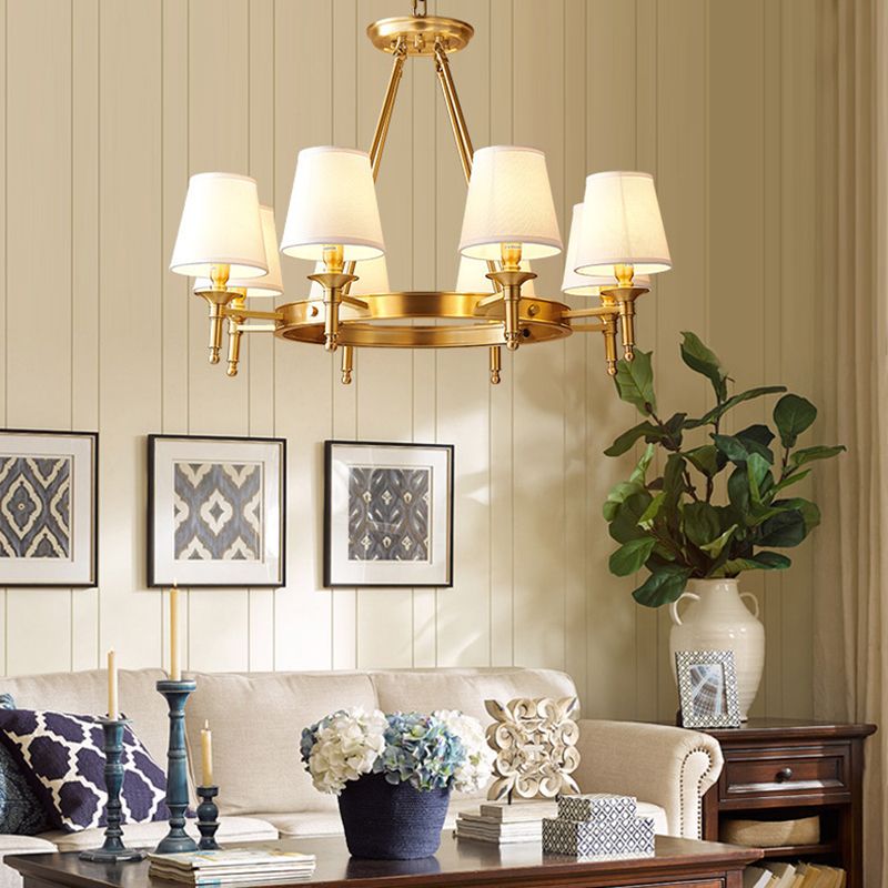 Post-Modern Circular Hanging Chandelier Light White Fabric Shade Ceiling Chandelier in Gold for Living Room