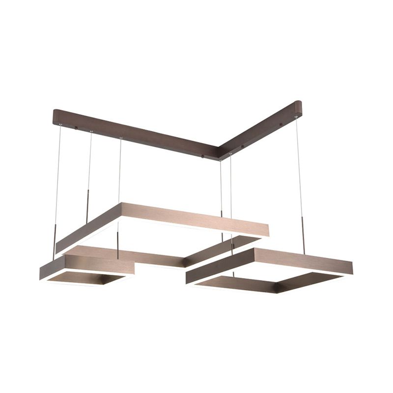 3-Square Aluminum Suspension Light Contemporary Brown LED Hanging Chandelier in Warm/White Light, Small/Large