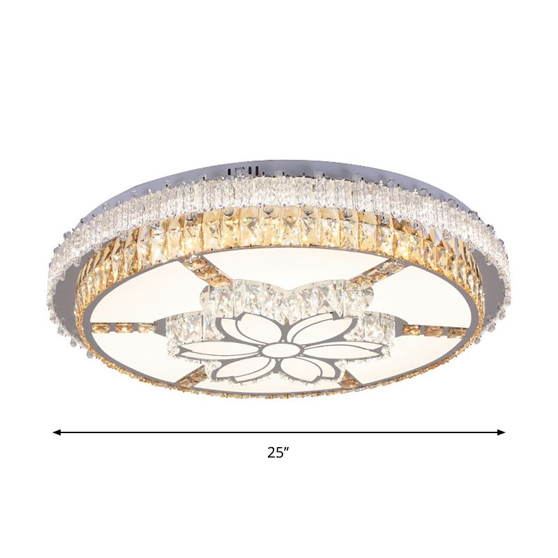 LED Lighting Fixture Contemporary Circular Clear Rectangular-Cut Crystals Flush Mount with Flower Design
