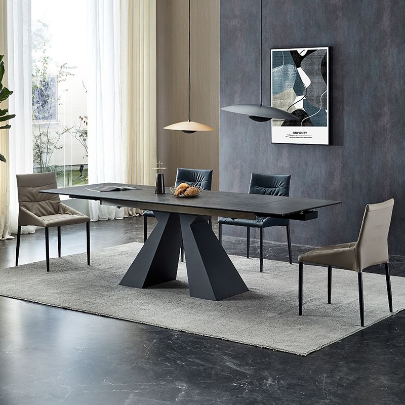Modern Rectangular Dining Table Stone Top Dining Table with Double Pedestal