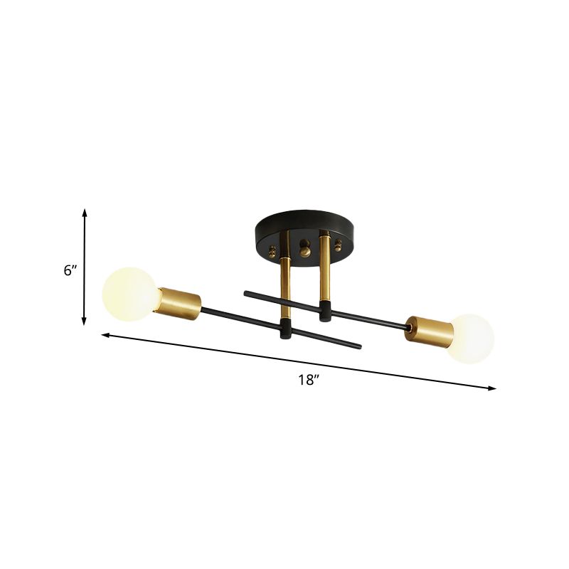 Minimalist Linear Semi Flush Mount Iron 2 Bulbs Bedroom Flush Ceiling Light Fixture in Black