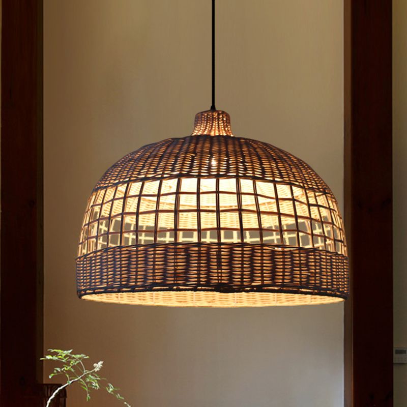 Beige Gridded Bowl Drop Pendant Countryside 1 Bulb Bamboo Ceiling Suspension Lamp over Table