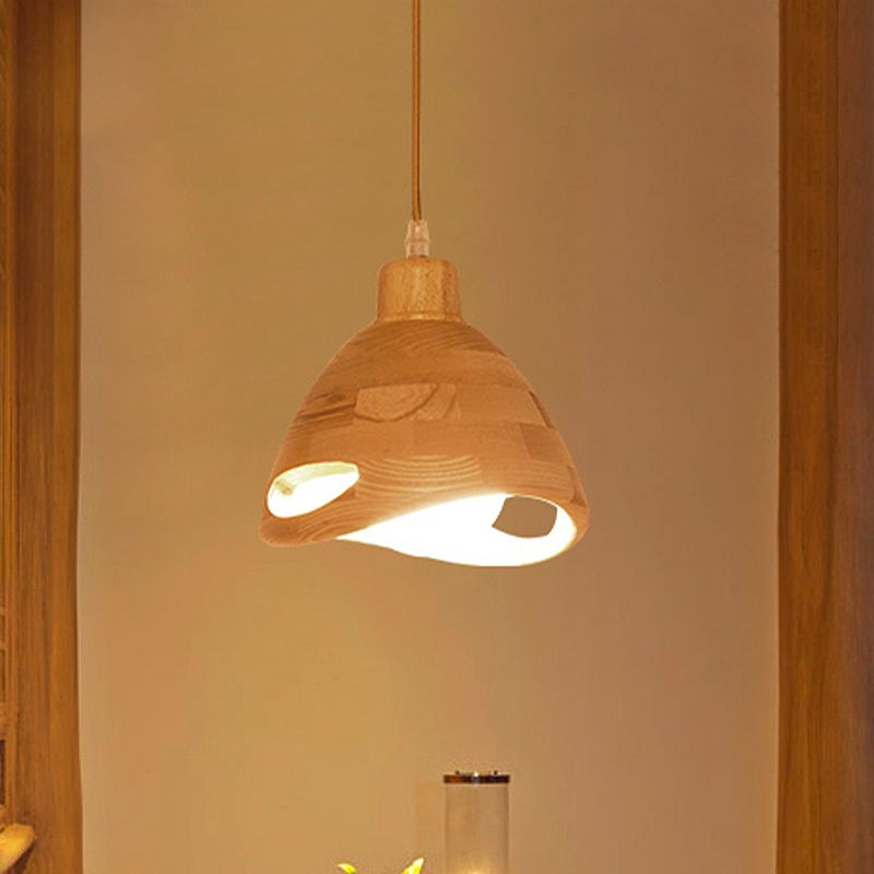 Zeitgenössischer 1 Head Pendant Lighting Beige Flared Hanging Leuchte mit Holzschatten