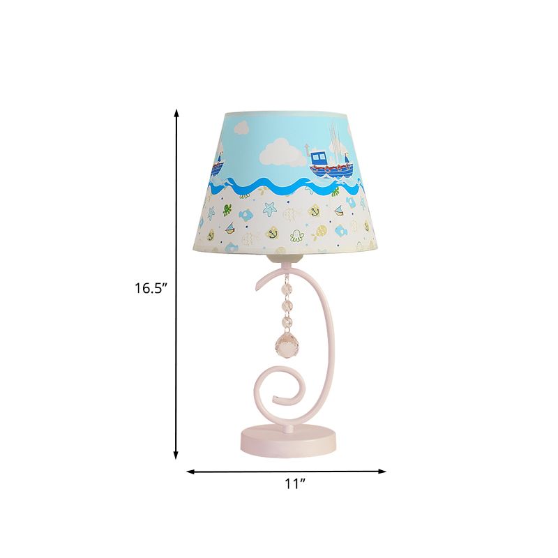 Barrel Bedroom Table Light Fabric 1 Bulb Cartoon Night Lamp in White with Crystal Drop and Sheep/Loving Heart/Elephant Pattern