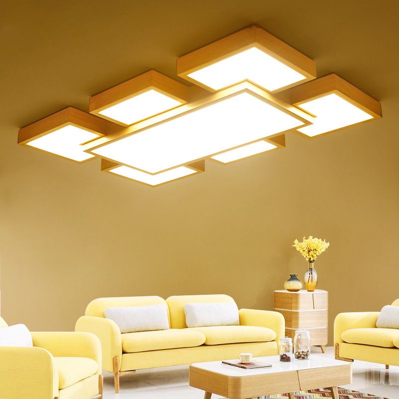 Beige vierkant/rechthoekblokspoellicht modern 22 "/31,5"/42 "brede LED houten plafond gemonteerde lamp