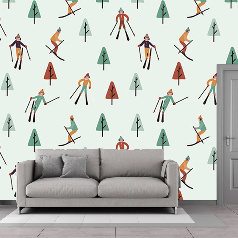 Skiers and Snow Forest Murals in Green-Red, Childrens Art Wall Covering for Kids Bedroom