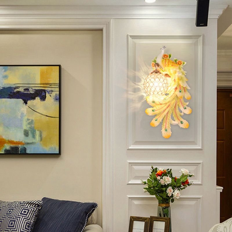 Lámpara de cristal y resina de luz de luz de pared abovedada con placa de pavo real izquierda/derecha en oro/verde, 1/2 paquetes