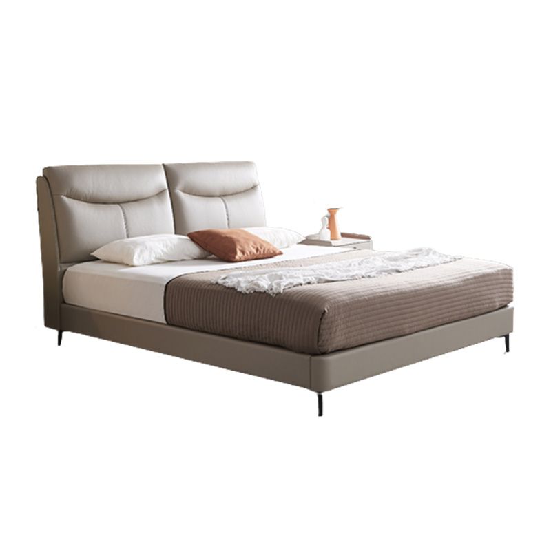 Genuine Leather Panel Bed Solid Color Upholstered Headboard Standard Bed