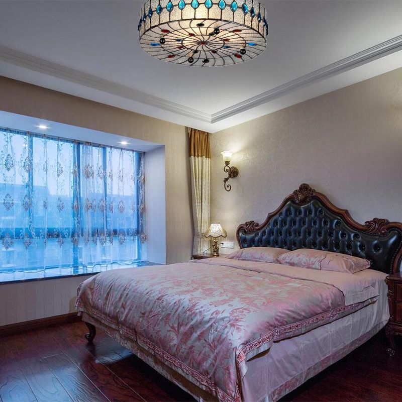 Plafond de couloir à 3 lumières de 12 / 16 / 19,5 po de large, plafonnier bleu baroque avec abat-jour en verre à bulles transparent à tambour