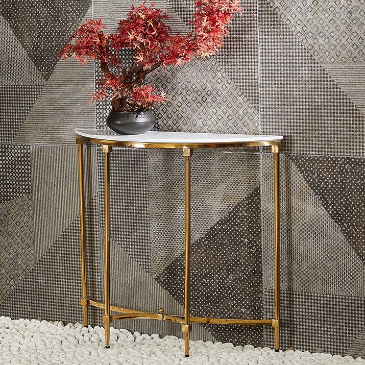 Glam Console Accent Table Antique Finish Half Moon Sofa Console Table in Marble
