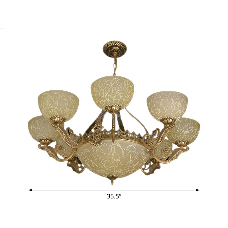 Finition en laiton de 11 têtes de lustre à la tête de suspension de plafond de bol en verre givré traditionnel