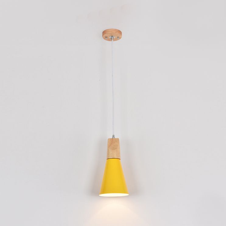 Modern Nordic Macaron Pendant Light Wooden Tapered Hanging Lamp with Wrought Iron Shade