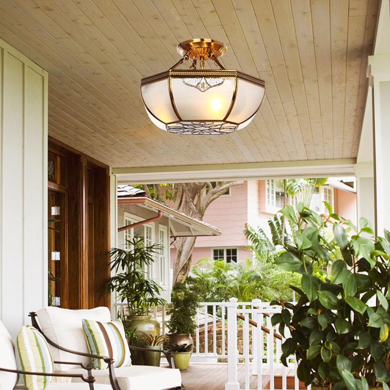 Brass Dome Semi Flush Mount Lamp Traditional Milk Glass 3 Bulbs Ceiling Mounted Light for Living Room