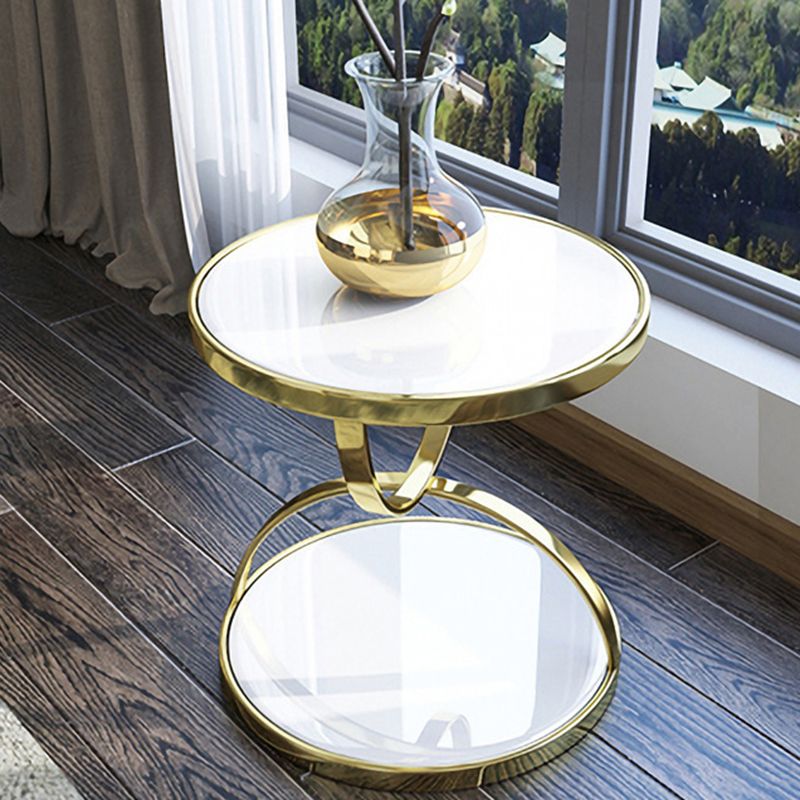 Glam Round Double Tier End Table Glossy Stone Side Table with Shelf