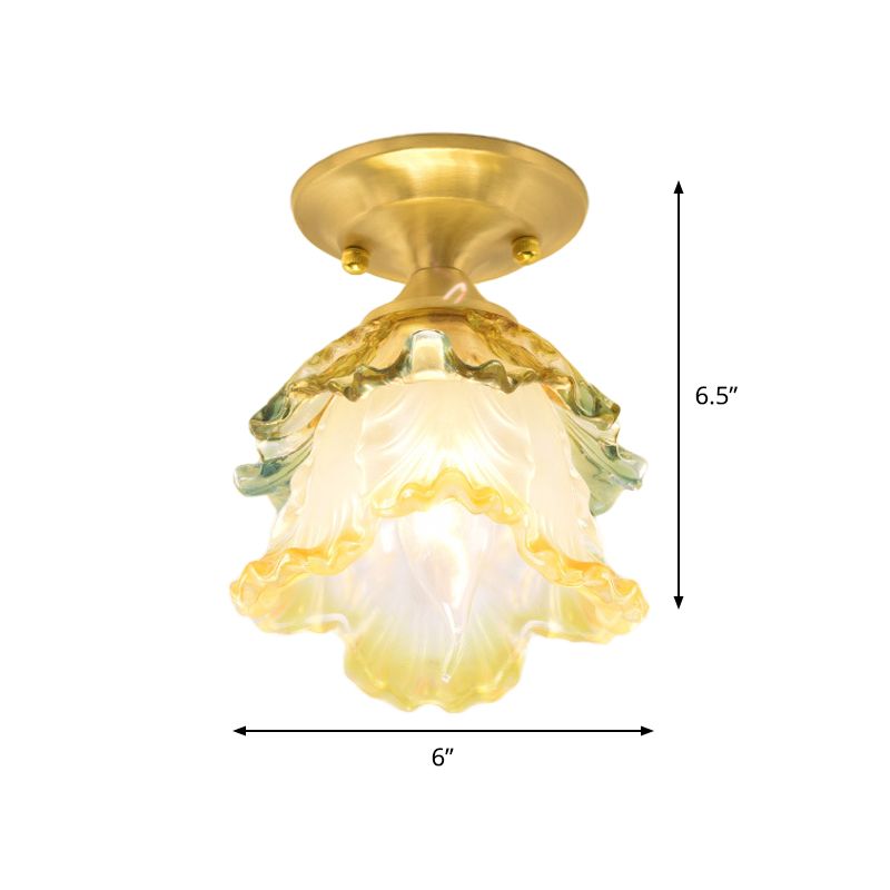 1-Head Flower Ceiling Lamp Retro Style Gold Ruffle Glass Semi Flush Mount Lighting for Hallway