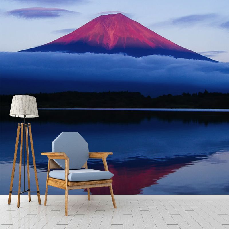 Volcano Reflection in Lake Mural Blue-Red Modernism Wall Covering for Accent Wall