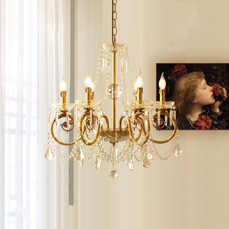 Gold Retro Rustic Style Crystal Large Chandelier Full Brass Candlestick Design Elegant Lighting Fixture for Living Room