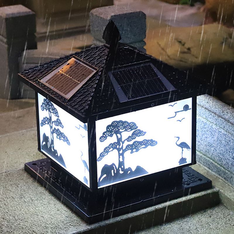 Metal Rectangle Shape Solar Pillar Lamp Modern Style 1 Light Waterproof Outdoor Light