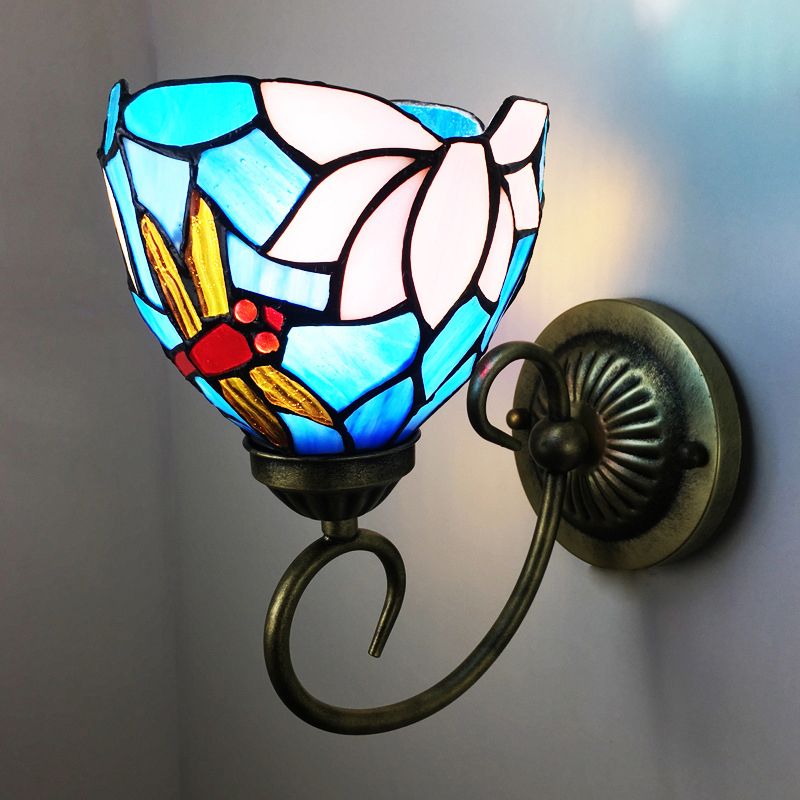 1 Bulb Wall Lamp Sconce Victorian Bowl Stained Glass Dragonfly Patterned Wall Light Fixture in Brass