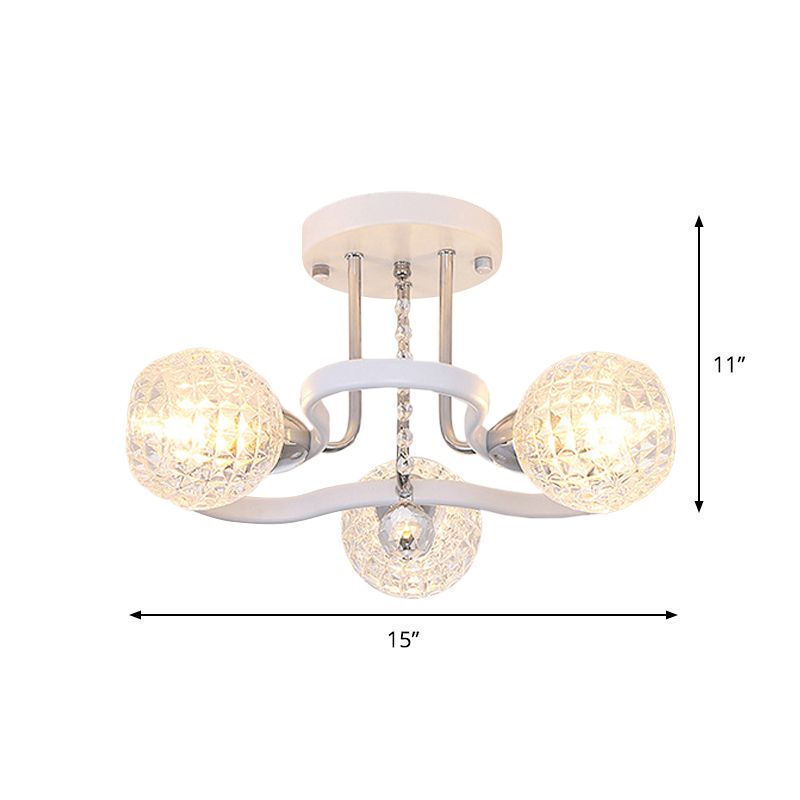 Clear Lattice Glass Ball Semi Flush Modernism 3/5 Lights Bedroom Ceiling Mounted Light in White